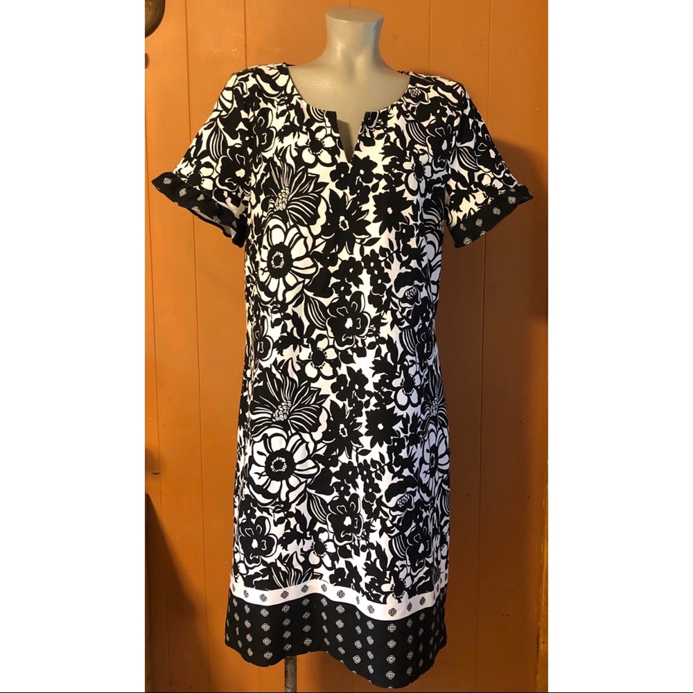 Talbots black white floral print Dress like new L